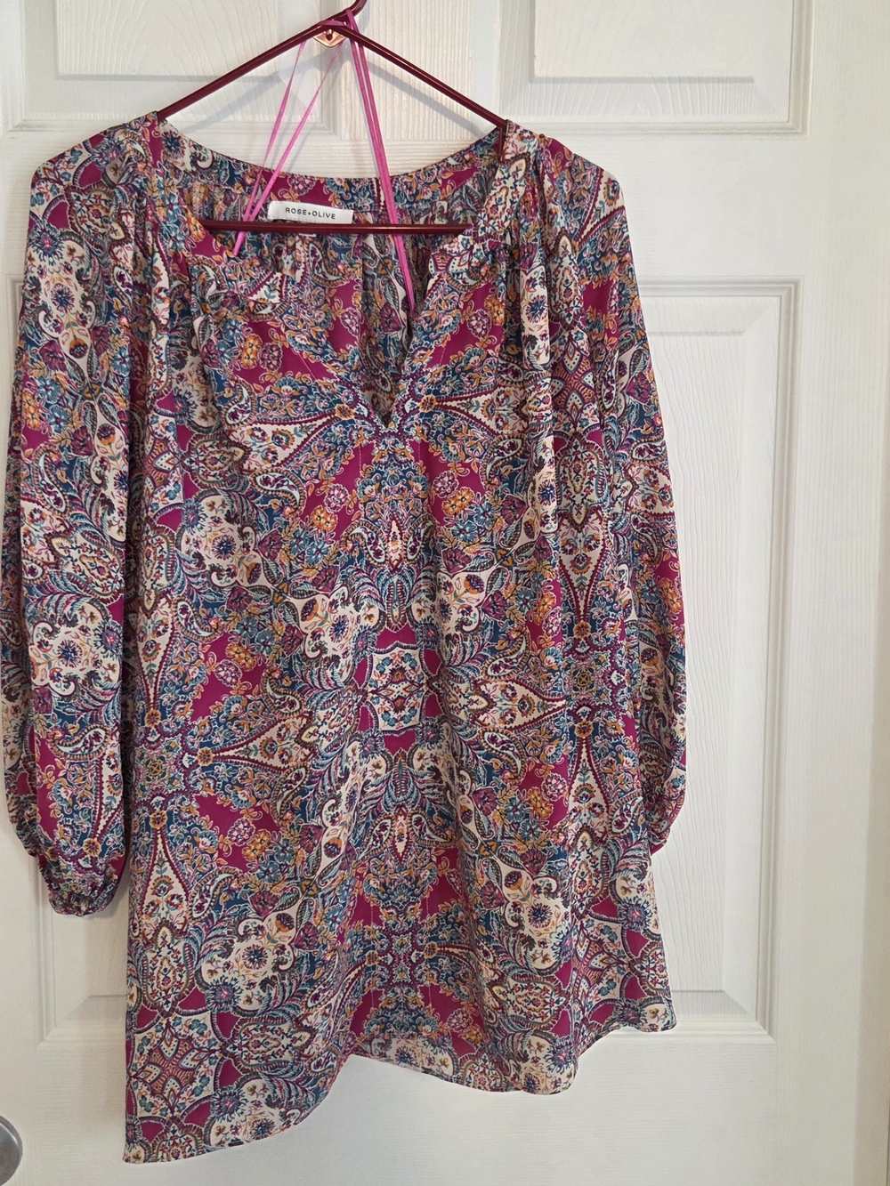 Rose & Olive Pink and Blue Paisley Peasant Top